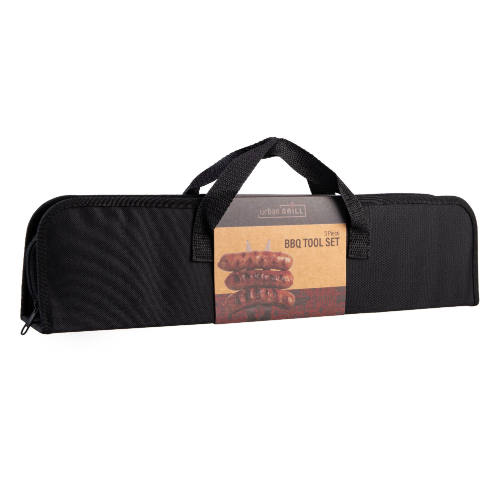 Urban Grill 3 Piece Barbeque Tool Set Acacia Handles With Carry Case