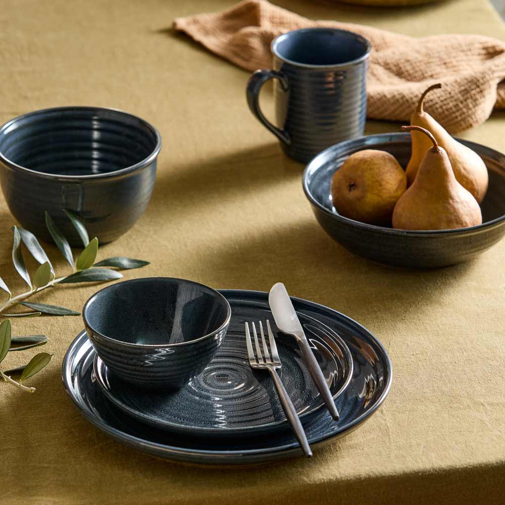 rustic ribbed moody stoneware navy blue plates, bowls and mug - Robins Kitchen