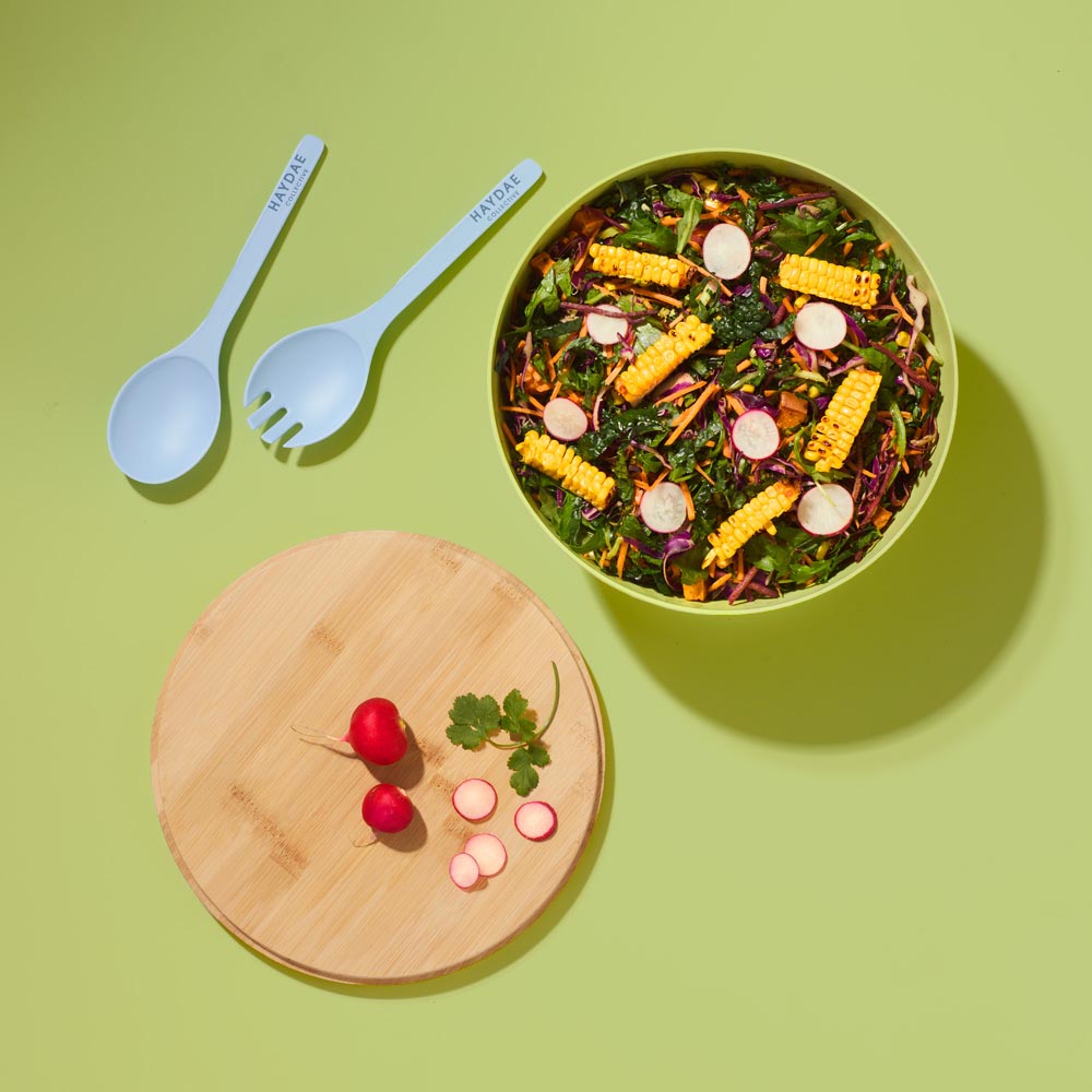 Salad Bowl filled with salad With Servers and lid - Robins Kitchen