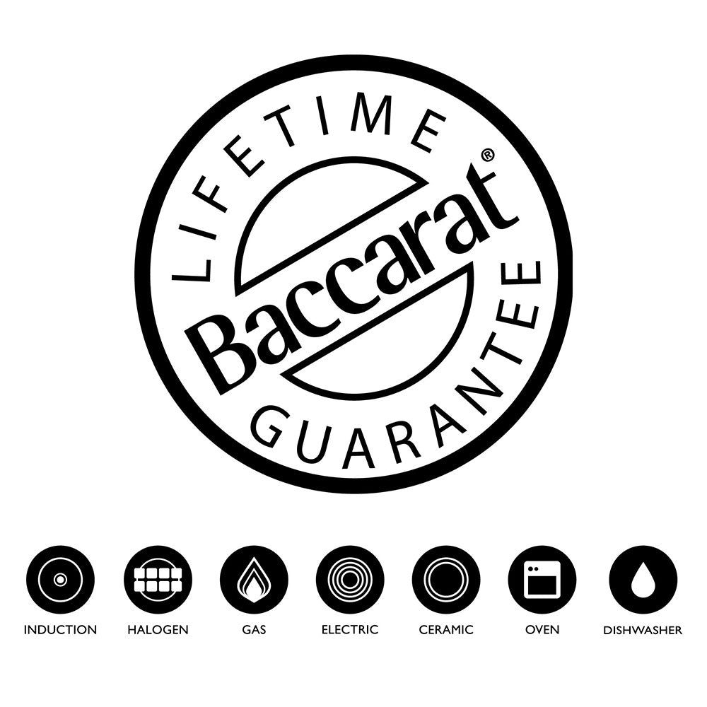 Baccarat Lifetime Guarantee logo with cookware compatibilities infographic at Robins Kitchen