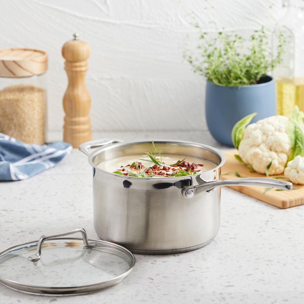 Baccarat iconiX Stainless Steel Saucepan with Lid 20cm with cauliflower soup at Robins Kitchen