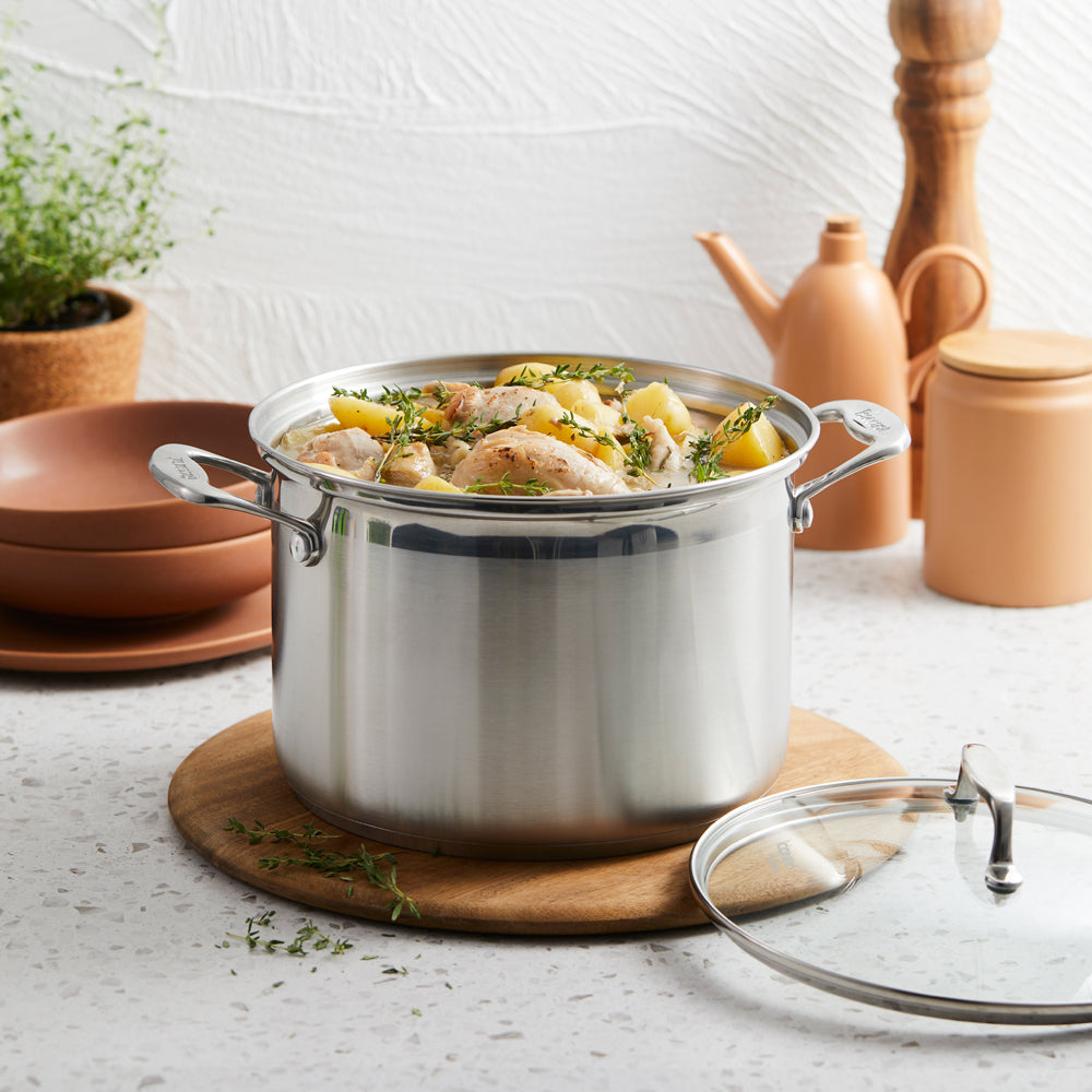 Baccarat iconiX Stainless Steel Stockpot with Lid 7.2L/24cm with chicken and potatoes in a stockpot at Robins Kitchen
