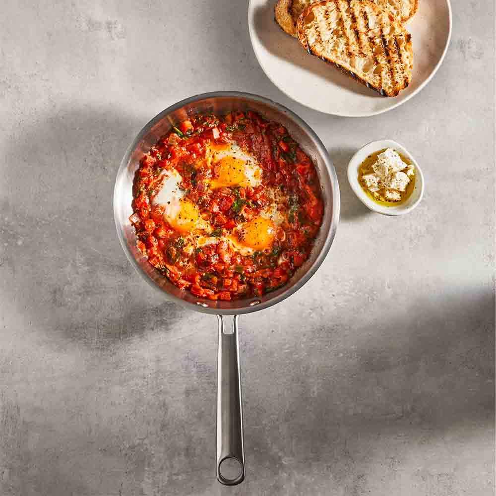 Baccarat Gourmet Stainless Steel Frypan 20cm with baked eggs on a grey kitchen counter at Robins Kitchen