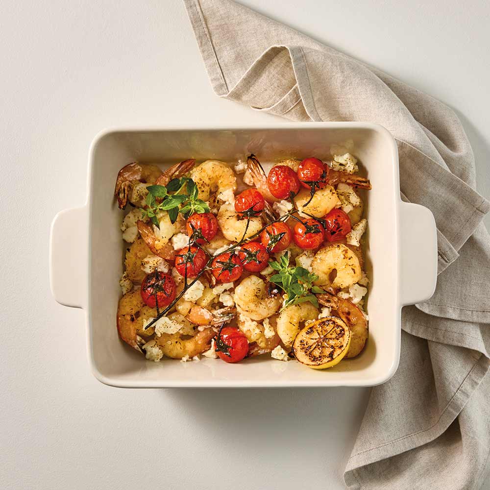 OvenBake Rectangular Baker 2.6L Oat Cream with roasted prawns at Robins Kitchen