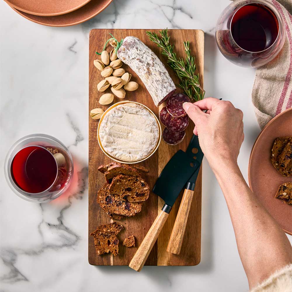 wood Serving Board with 2 Black Cheese Knives and charcuterie - Robins Kitchen