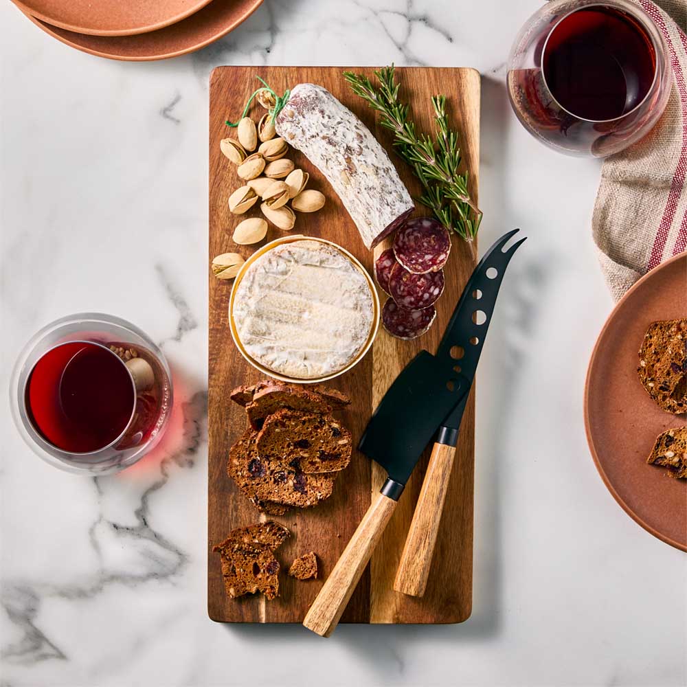 wood Serving Board with 2 Black Cheese Knives and charcuterie - Robins Kitchen