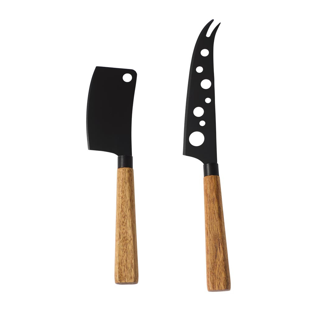 Acacia Serving Board with Set of 2 Black Cheese Knives - Robins Kitchen