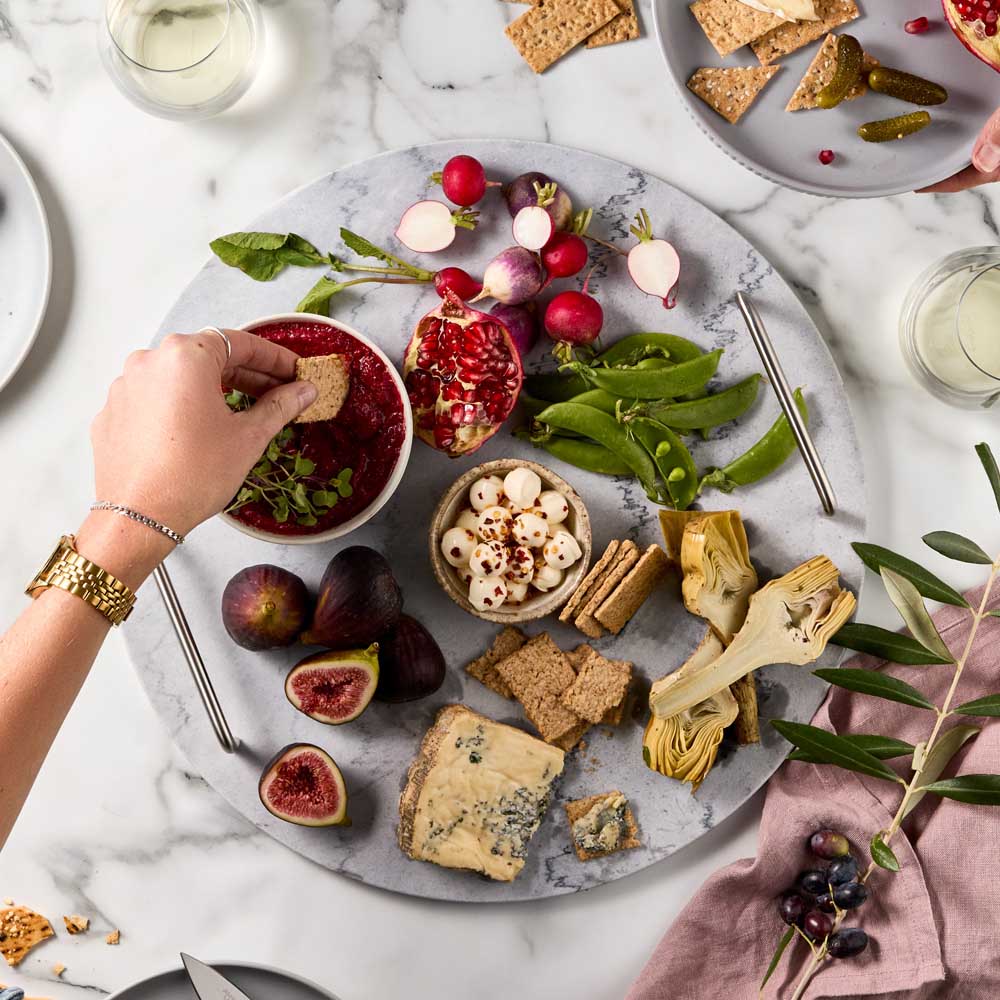 Round Marble Serving Board with Handles with charcuterie - Robins Kitchen