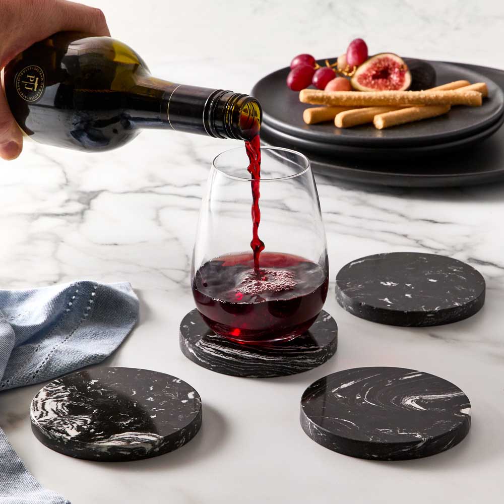 Set of 4 Black Marble Coasters with glass of red wine - Robins Kitchen