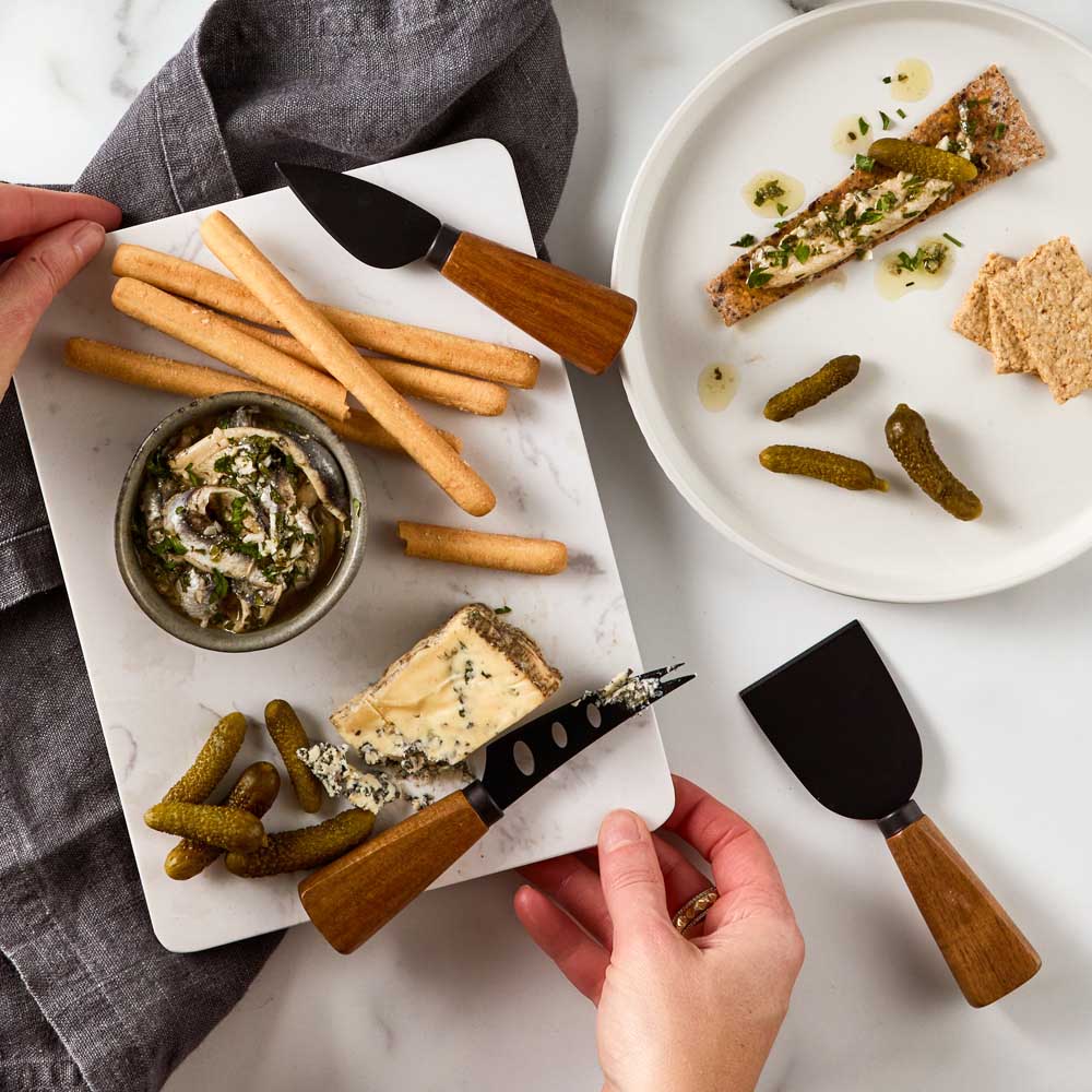 Set of 3 Acacia and Black Cheese Knives on marble board - Robins Kitchen