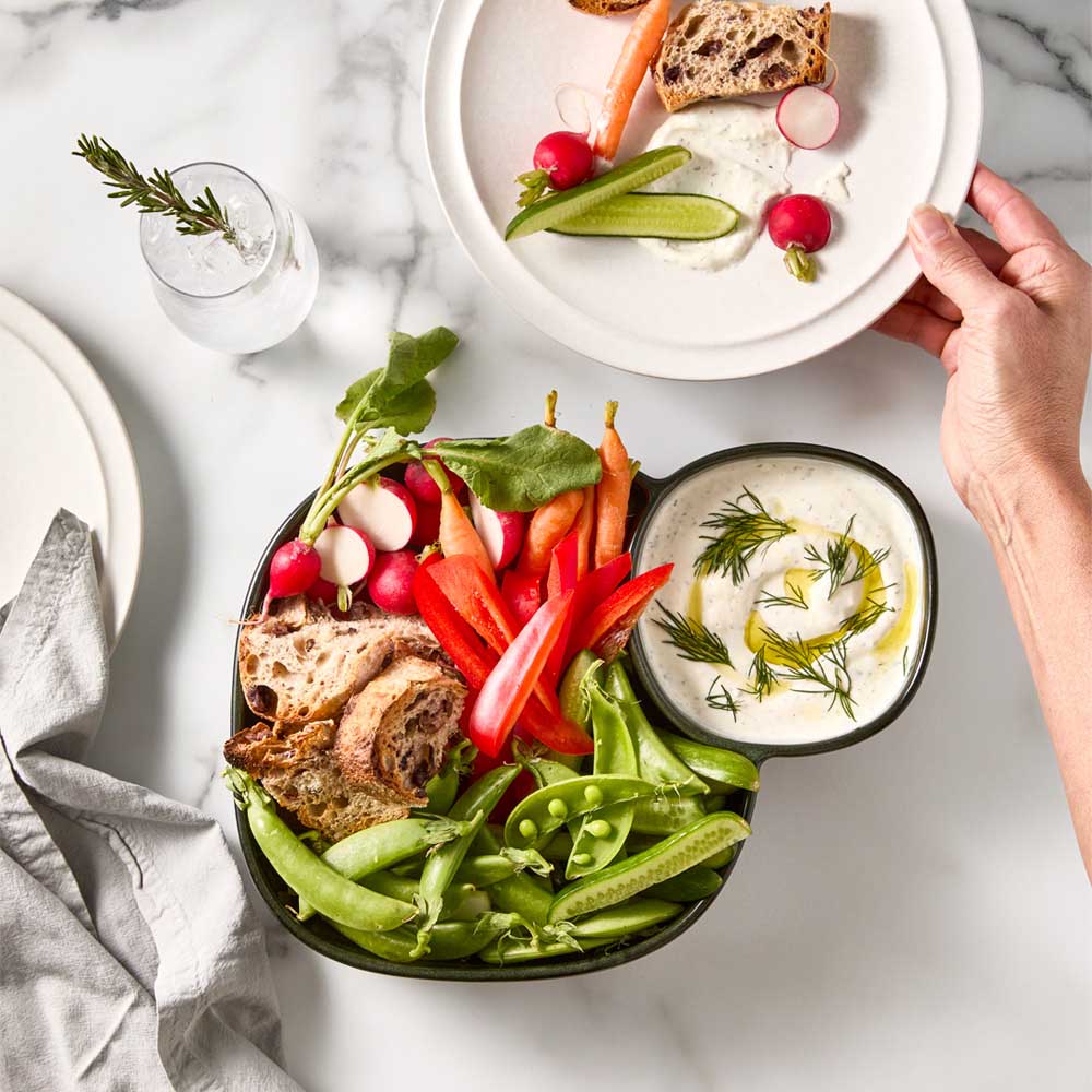 Green Divided Serving Platter with vegetables and dip - Robins Kitchen