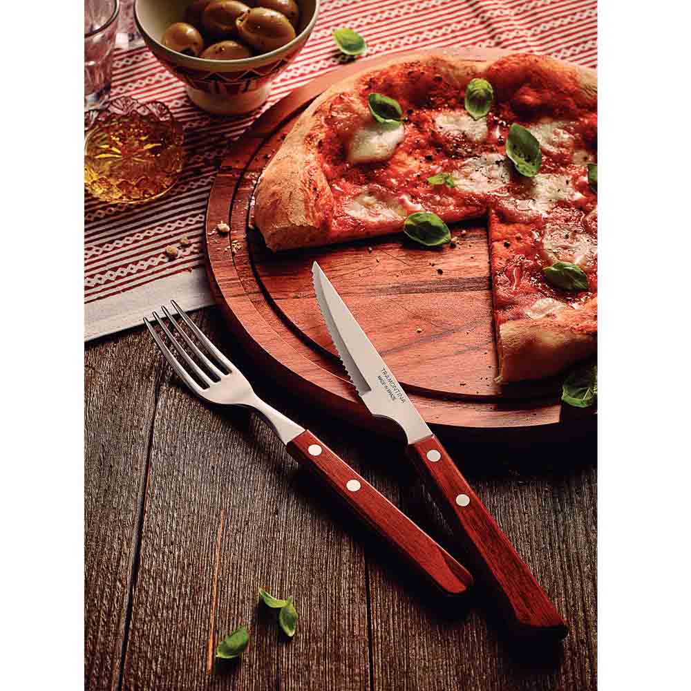 steak knife and fork set with pizza on wooden paddle - Robins Kitchen