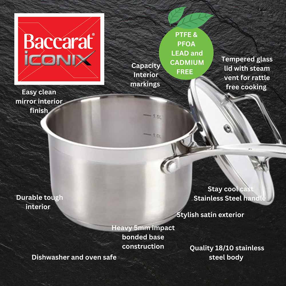 Baccarat iconiX Saucepan features and benefits infographic at Robins Kitchen