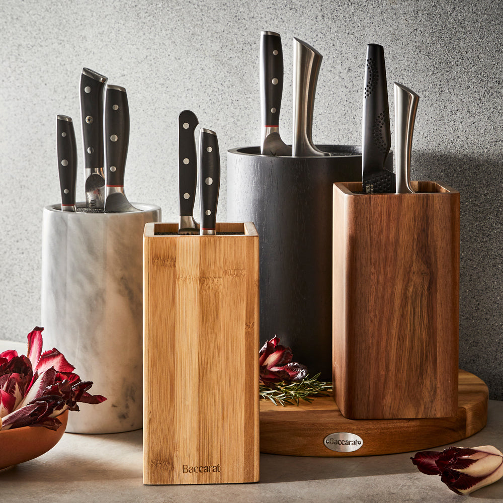 Universal Square Acacia Knife Holder Wooden Knife Storage with Assorted Knives at Robins Kitchen