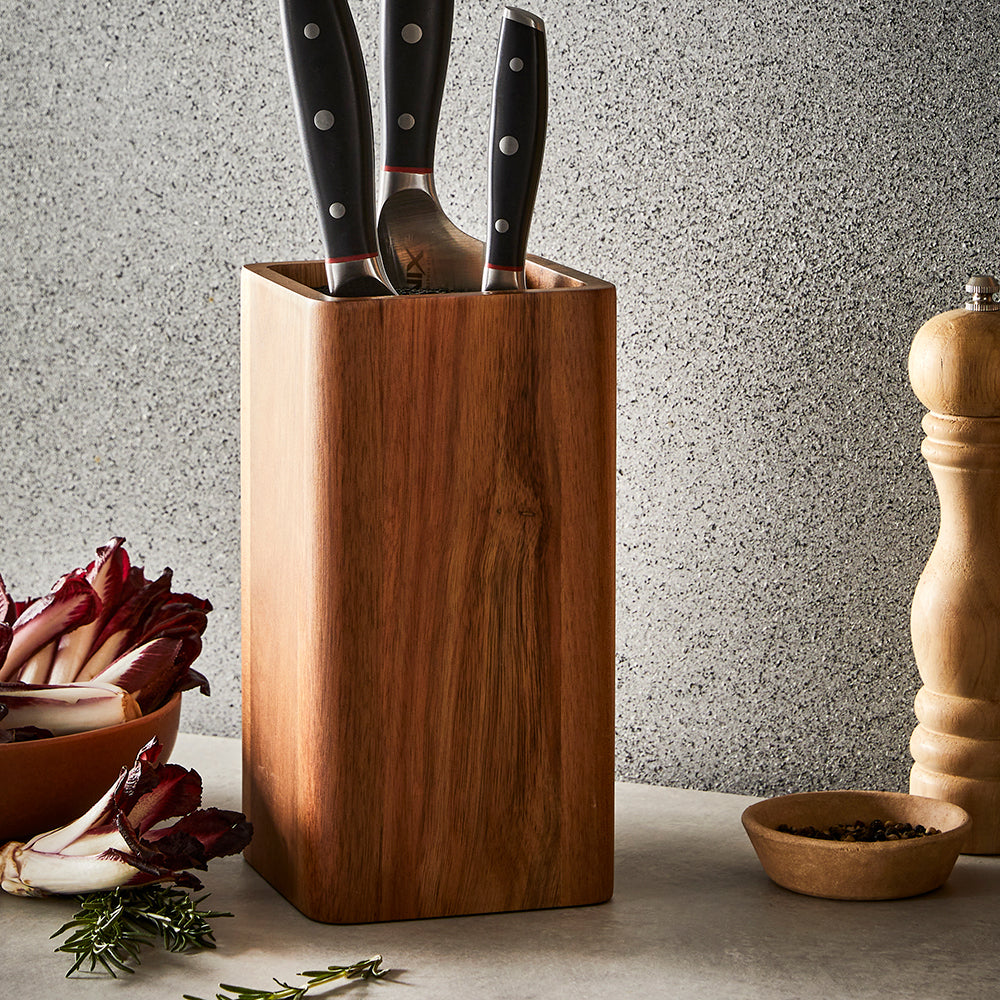 Universal Square Acacia Knife Holder Wooden Knife Storage with Assorted Knives at Robins Kitchen