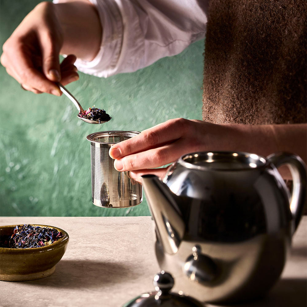 Loose tea leaves added to the Barista teapot infuser before steeping.