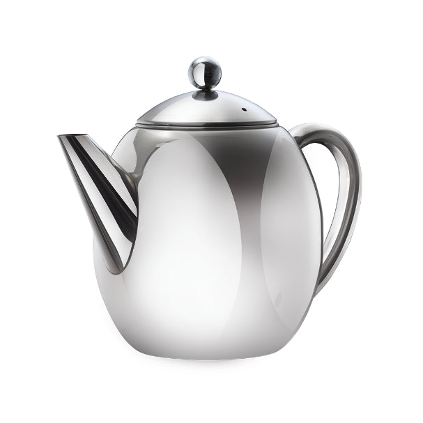 Barista stainless steel teapot with curved handle and polished finish.