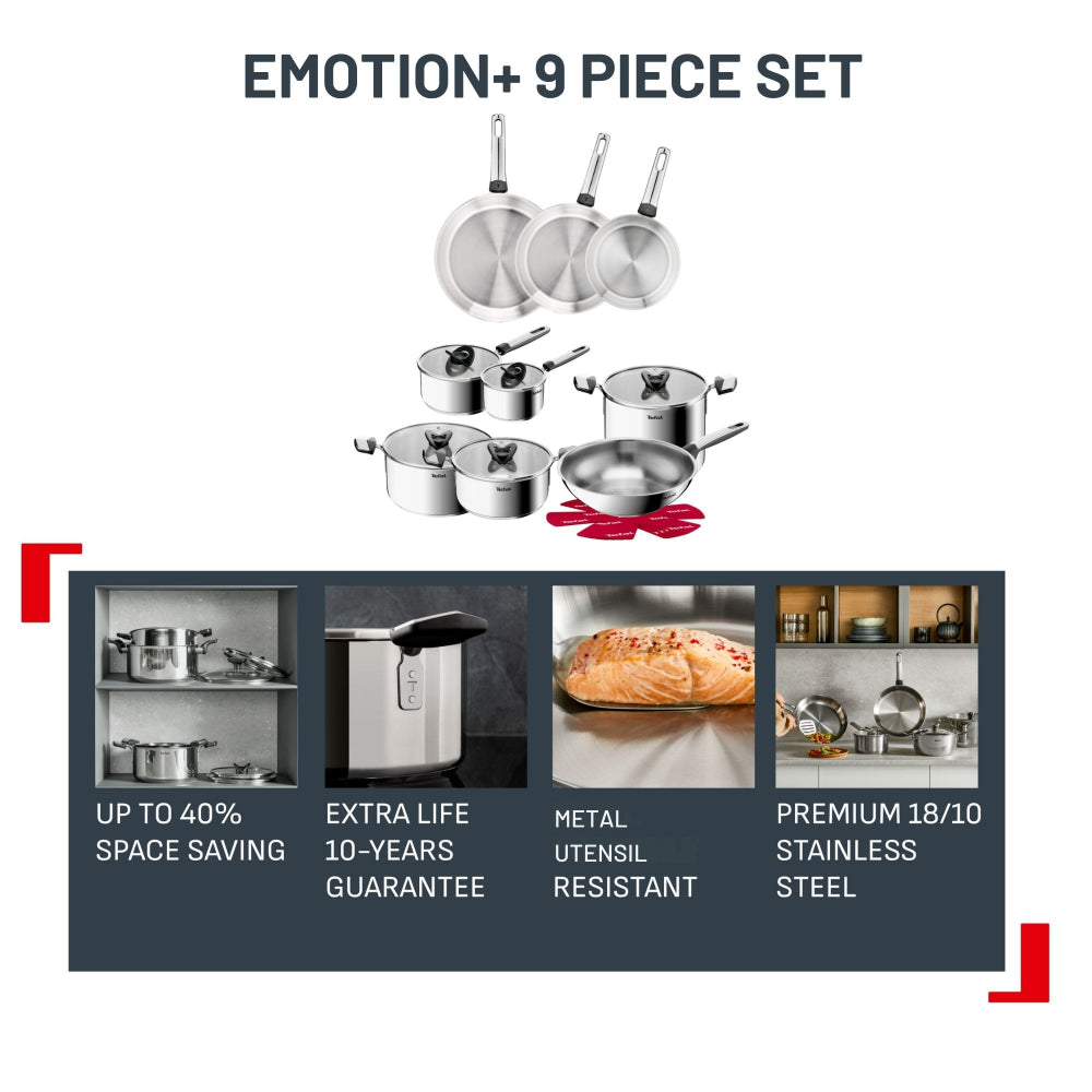 Tefal Emotion+ Induction Stainless Steel Uncoated 9 Piece Cookware Set