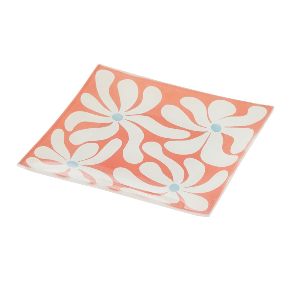 Orange plate with white flowers - Emporium Lulu Glass Square Flower Plate - Robins Kitchen