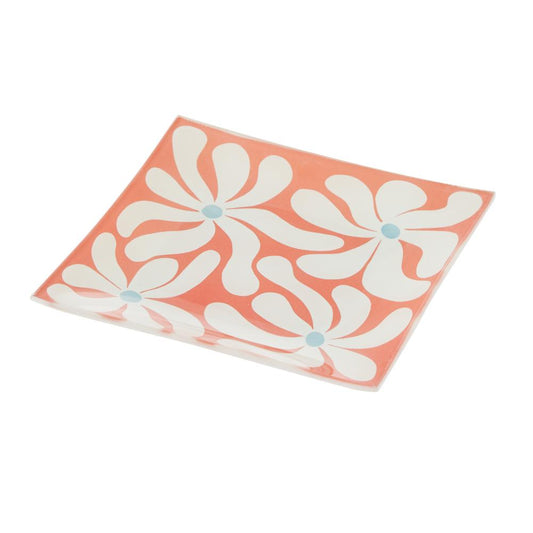 Orange plate with white flowers - Emporium Lulu Glass Square Flower Plate - Robins Kitchen