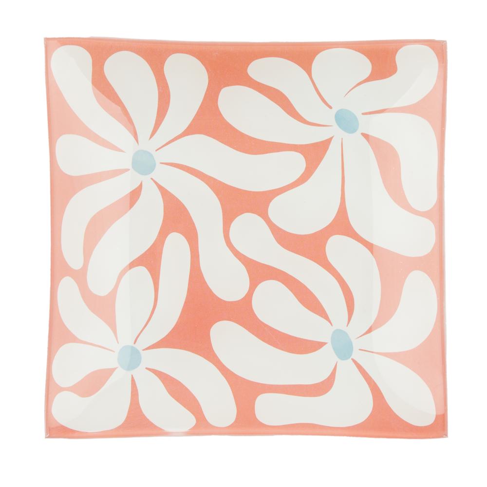 Orange plate with white flowers - Emporium Lulu Glass Square Flower Plate - Robins Kitchen