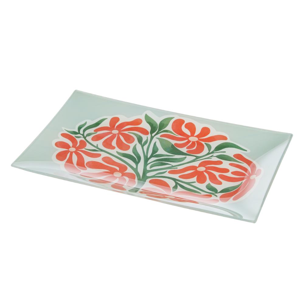 Emporium Lulu Glass Rectangular Plate green with orange flowers at Robins Kitchen