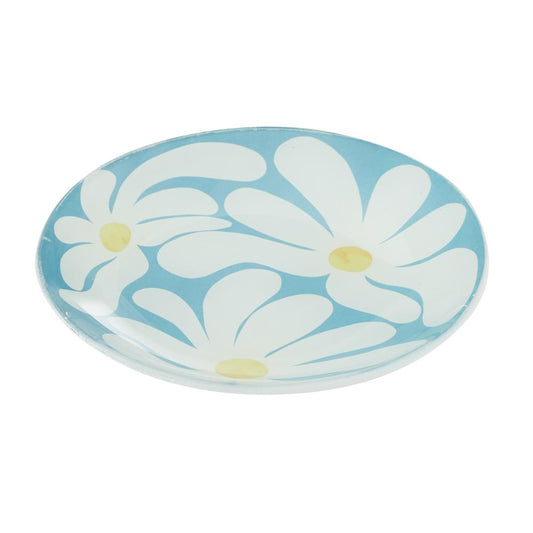 Blue with plate with white flowers -Emporium Lulu Glass Flower Plate 16cm - Robins Kitchen