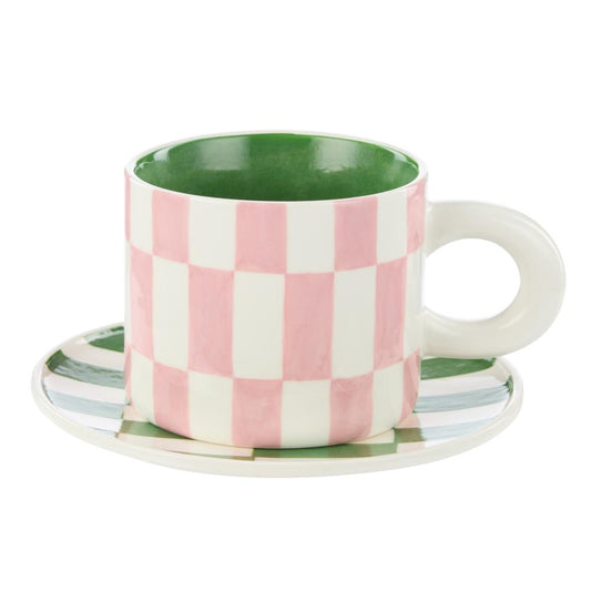 Emporium Check Mug & Plate Set Pink and Green at Robins Kitchen