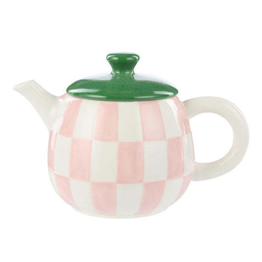 Emporium Check Teapot pink with green lid at Robins Kitchen