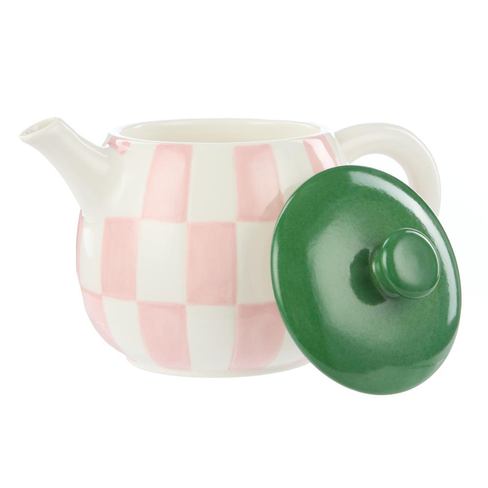 Emporium Check Teapot pink with green lid at Robins Kitchen