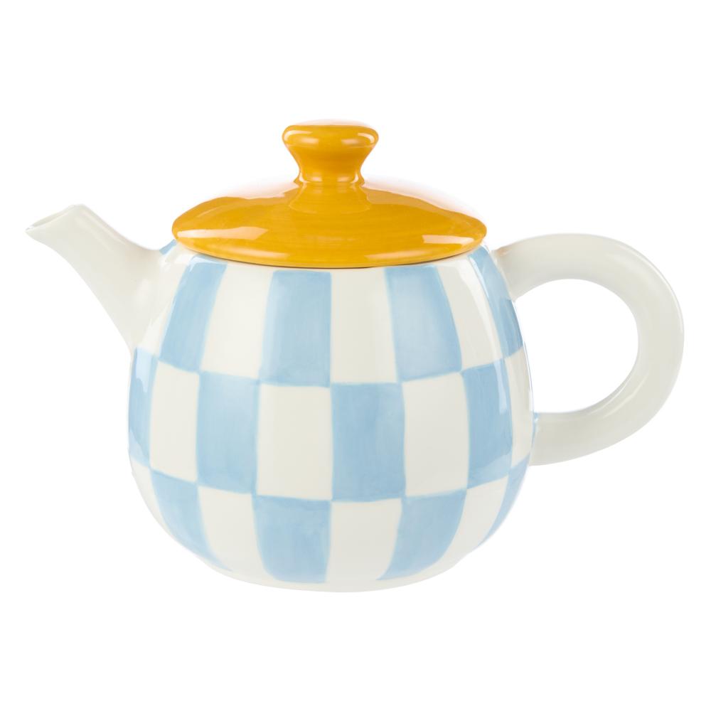 Emporium Check Teapot blue with yellow lid at Robins Kitchen