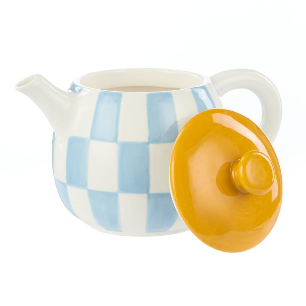 Emporium Check Teapot blue with yellow lid at Robins Kitchen