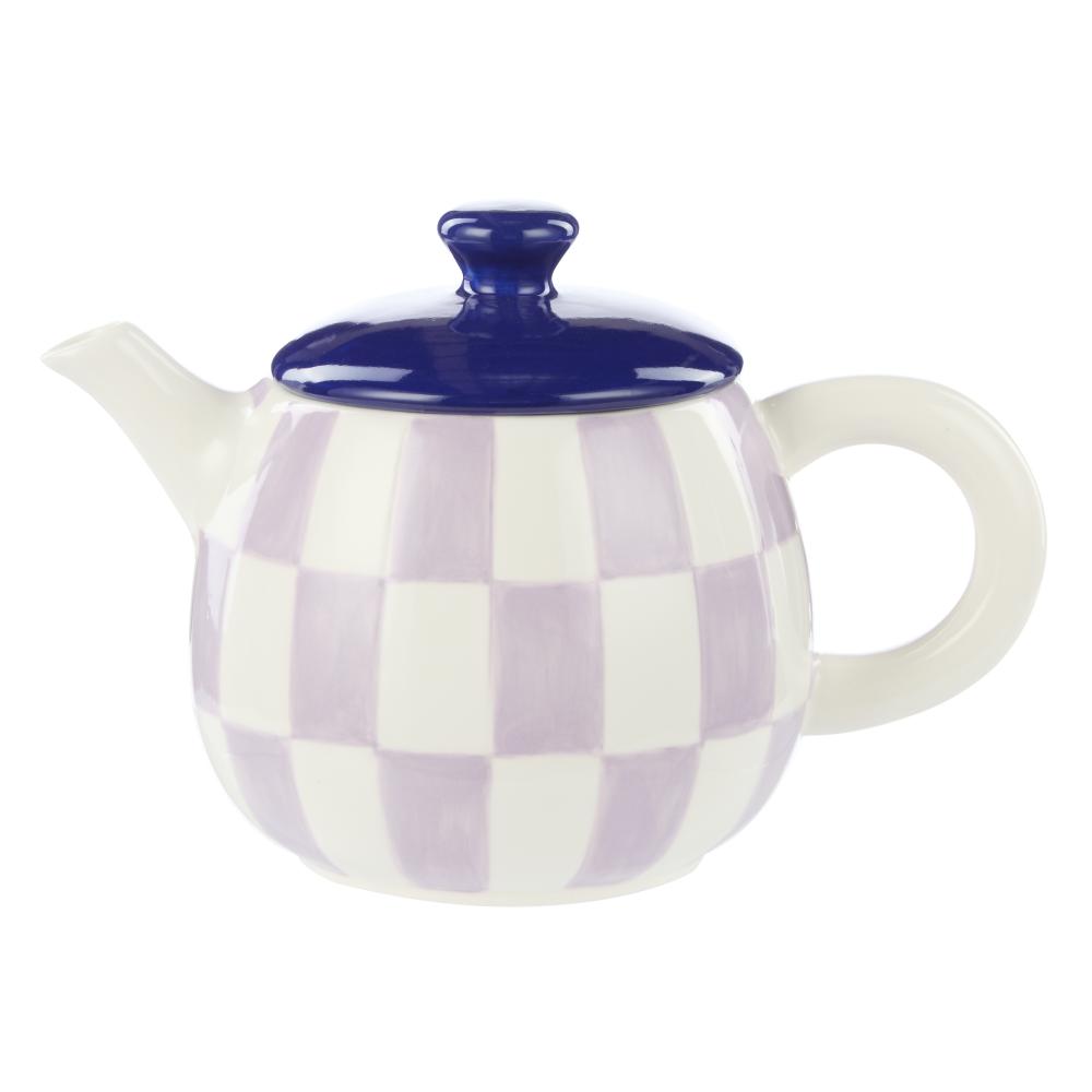 Emporium Check Teapot purple with blue lid at Robins Kitchen