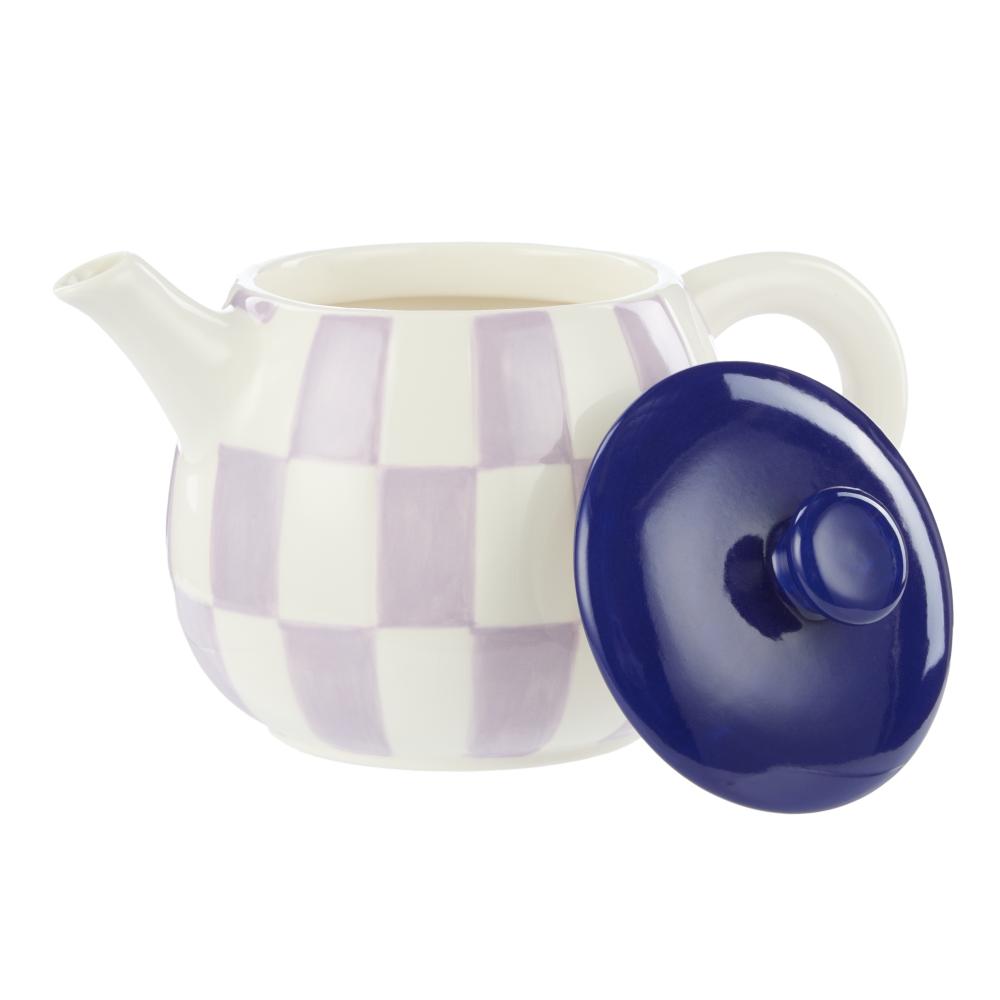 Emporium Check Teapot purple with blue lid at Robins Kitchen
