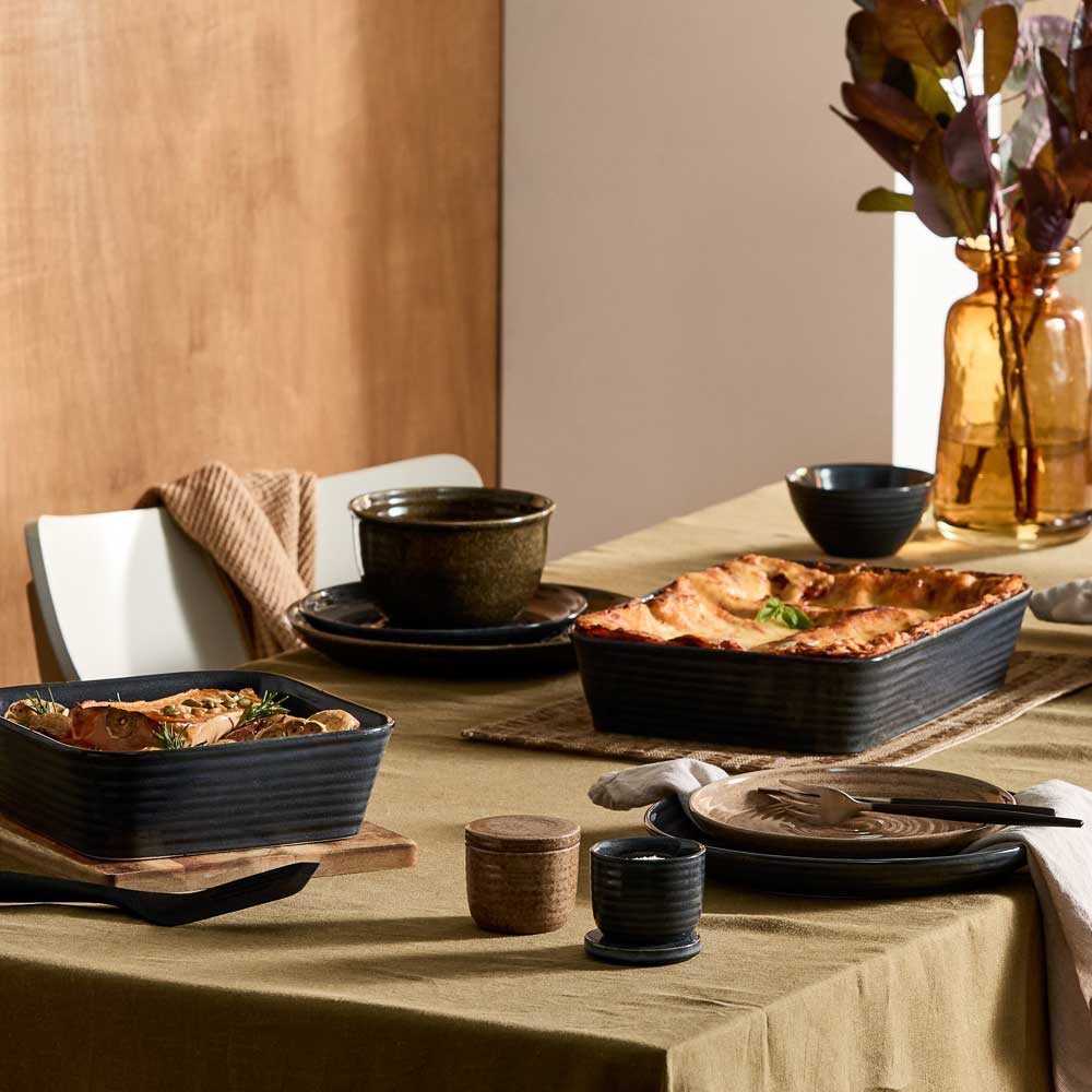 dining setting with moody ribbed rustic dinnerware, bakeware, and kitchenware - Robins Kitchen