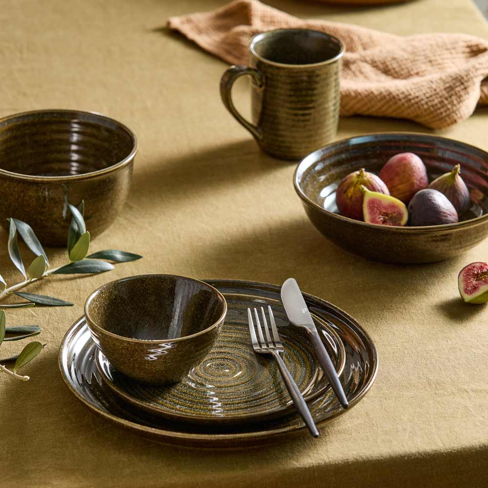 rustic ribbed moody stoneware forest green plates, bowls and mug - Robins Kitchen