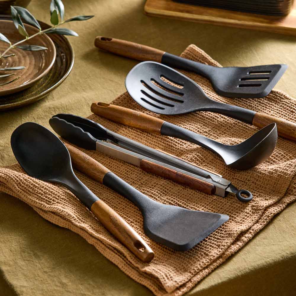 rustic look silicone navy blue kitchen utensils with wooden handles - Robins Kitchen