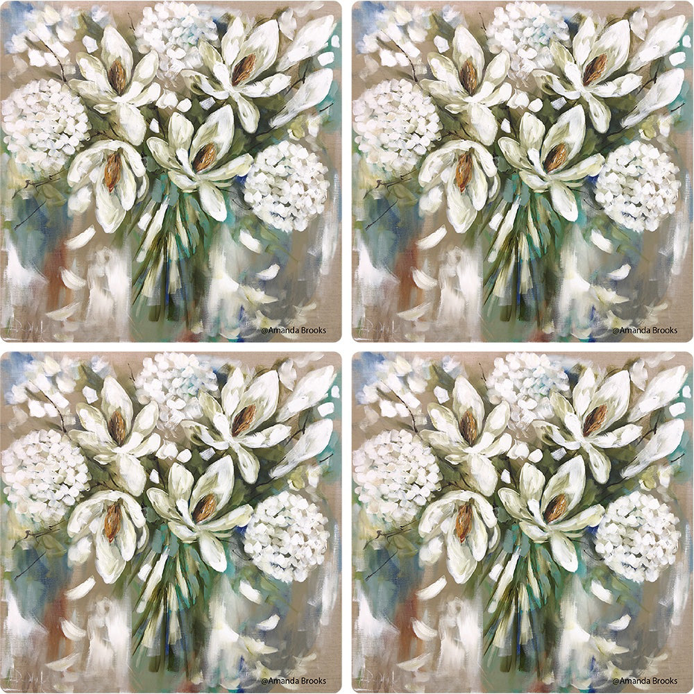 Lilli Rock White Hydrangea Set of 4 Dolomite Coasters Robins Kitchen