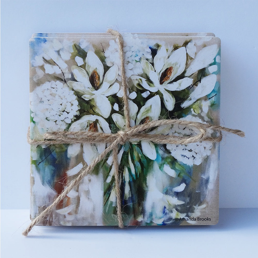 Lilli Rock White Hydrangea Set of 4 Dolomite Coasters Robins Kitchen