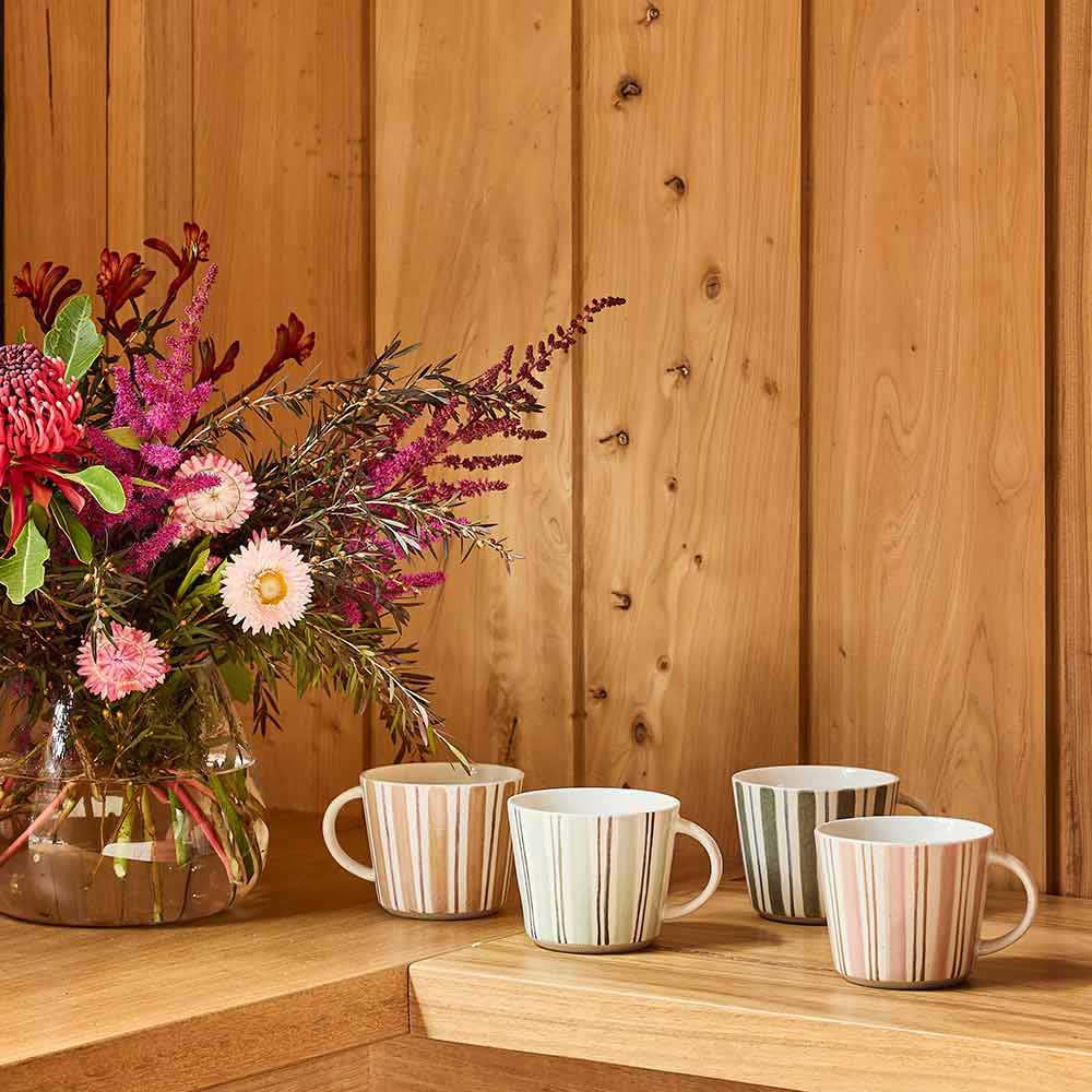 Ecology Chalk Set of 4 Mugs 260ml on wooden shelf at Robins Kitchen