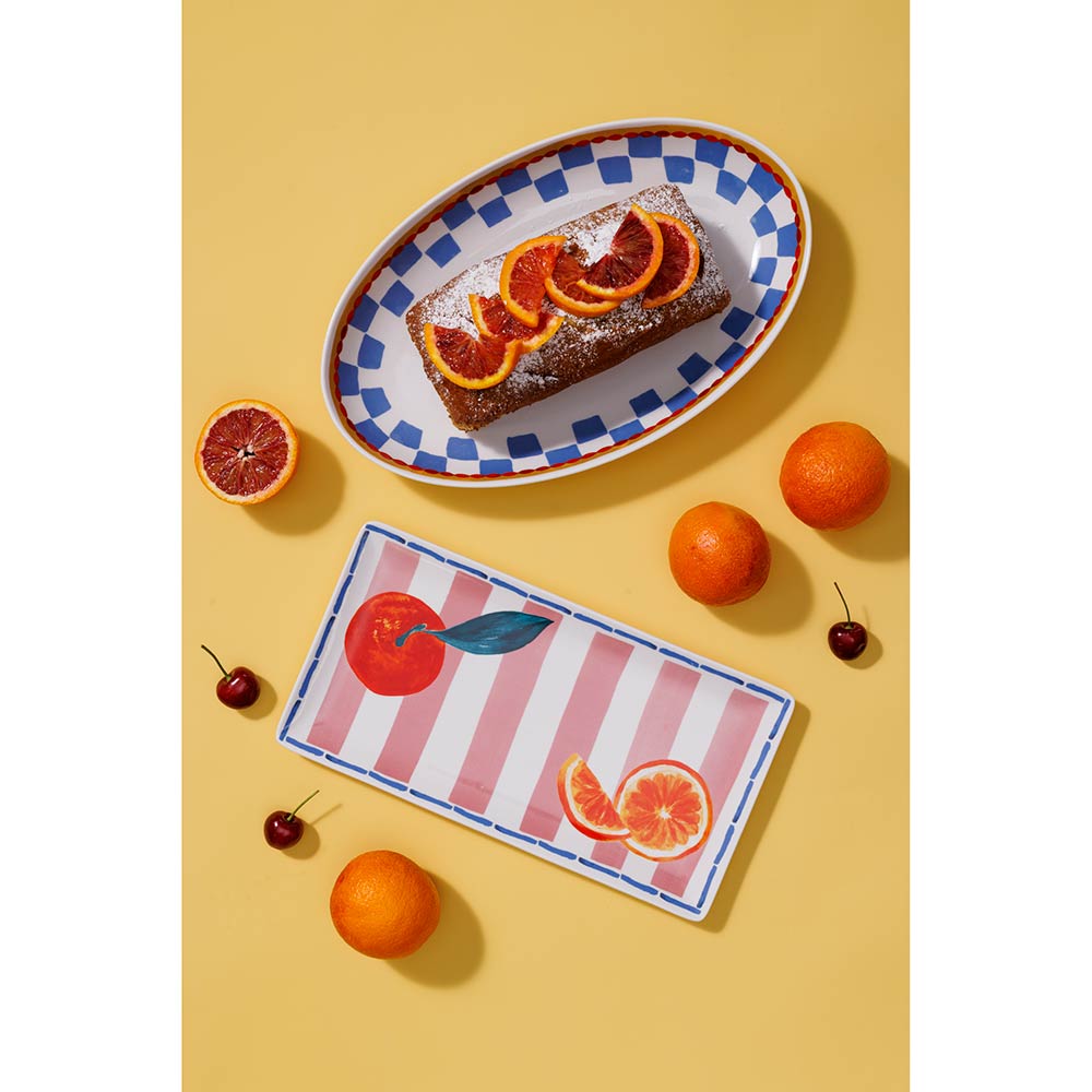 Porto Valentina Oval Serving Platter 32cm Cherry with orange loaf and rectangular platter at Robins Kitchen