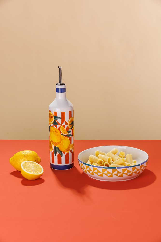 Porto Valentina Oil Bottle 750ml Orange Stripe with lemons at Robins Kitchen
