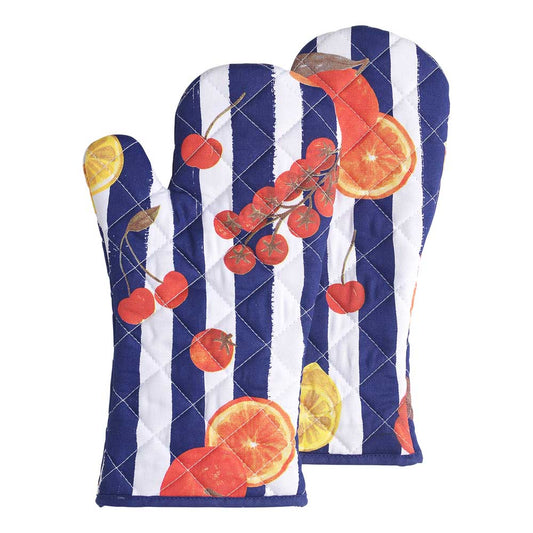 Porto Valentina Set of 2 Oven Gloves Blue Stripe Tomato medley at Robins Kitchen