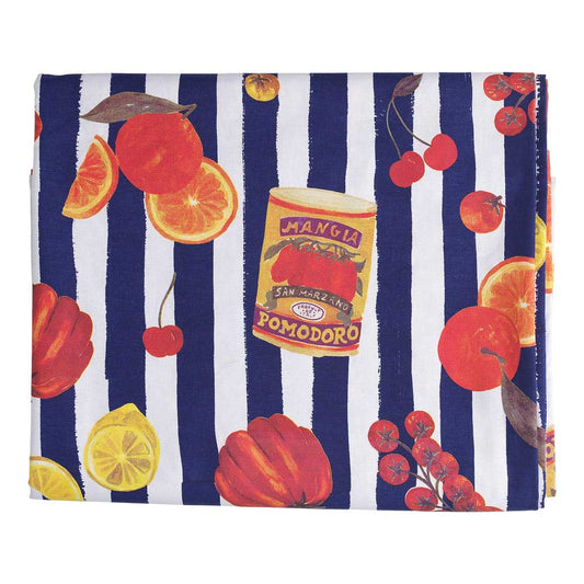Porto Valentina Tablecloth 230 x 150cm Blue Stripe Tomato Medley at Robins Kitchen