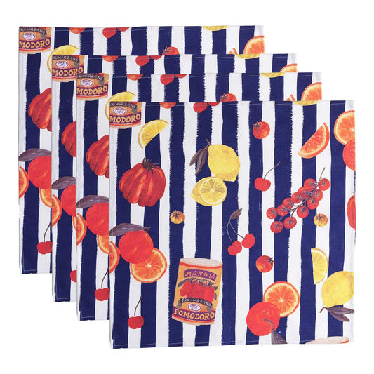 Porto Valentina Set of 4 Napkins Blue Stripe with Tomato Medley at Robins Kitchen