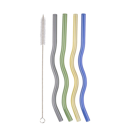 Appetito Set 4 Glass Wiggly Straw with Brush