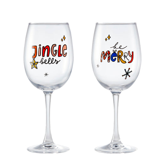 Ambrosia Santas Workshop Set of 2 Christmas slogan Wine Glasses