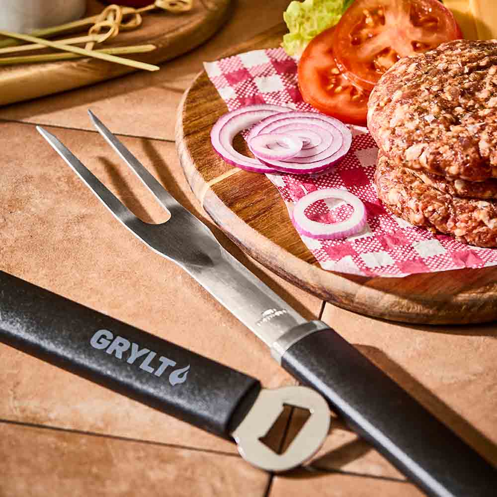 stainless steel BBQ fork next to burger patties - Robins Kitchen
