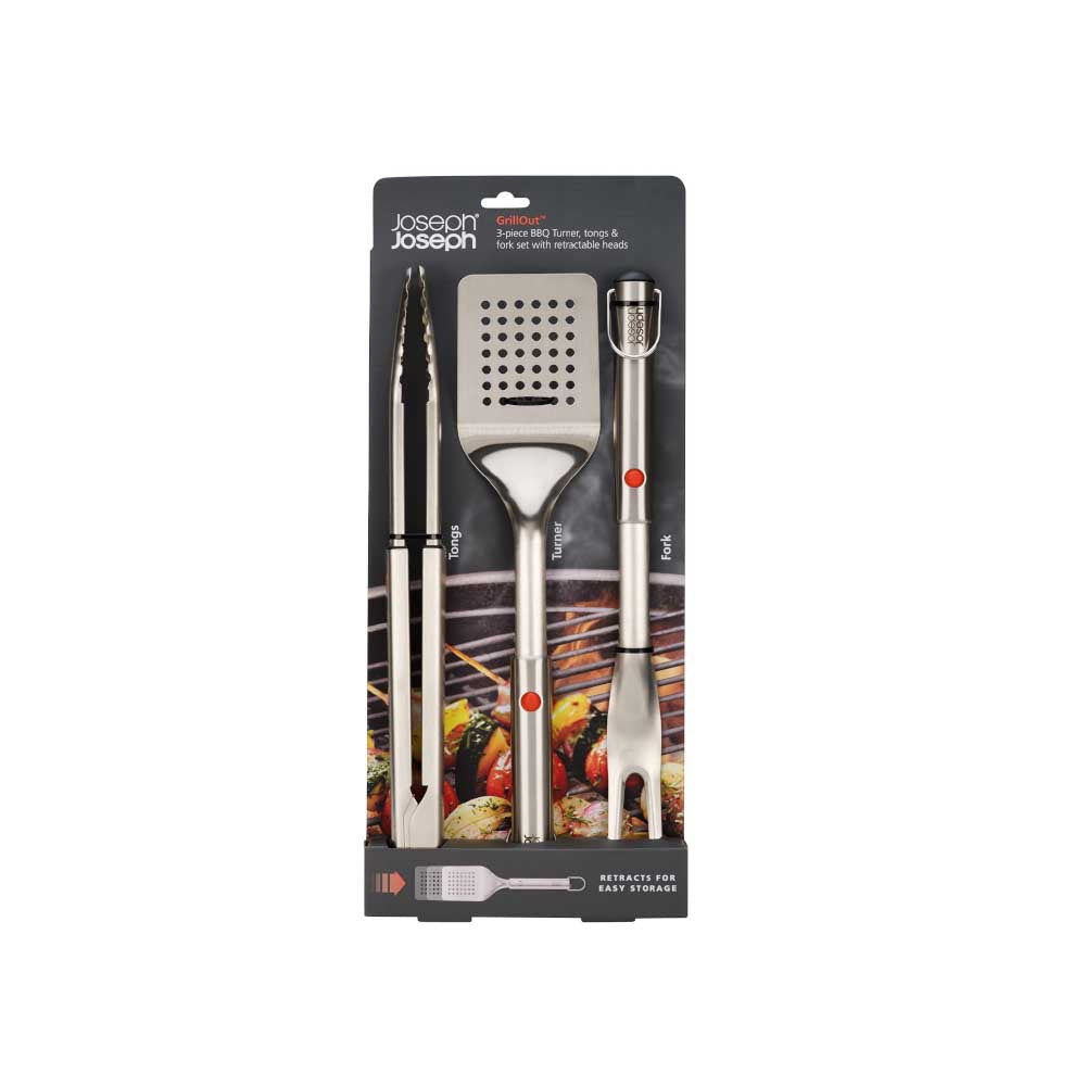 Joseph Joseph Grillout 3-Piece BBQ Turner, Tongs & Fork Set With Retractable Heads at Robins Kitchen