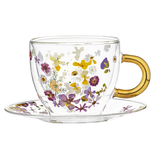 Ashdene Pressed Flowers Double Wall Glass Cup & Saucer 350ml